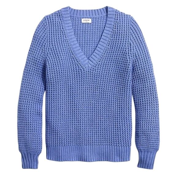 J Crew Cotton Waffle Chunky Knit Thermal Sweater V Neck Periwinkle Blue Large - Picture 1 of 7
